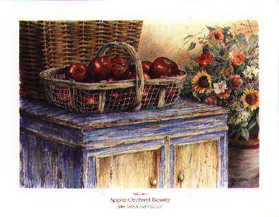 painting of apples in basket on a chest